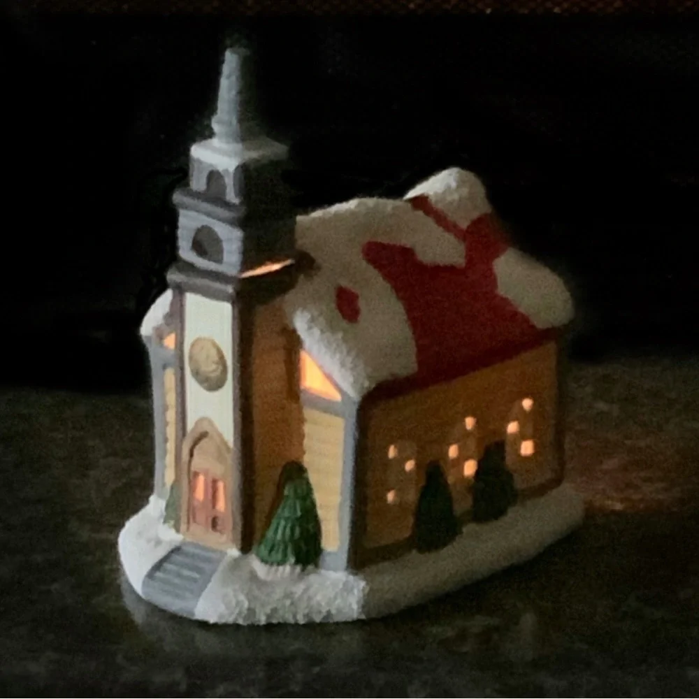 Vintage Village Church Candle Holder Tea Light Porcelain Pierced Cut Outs 3 in